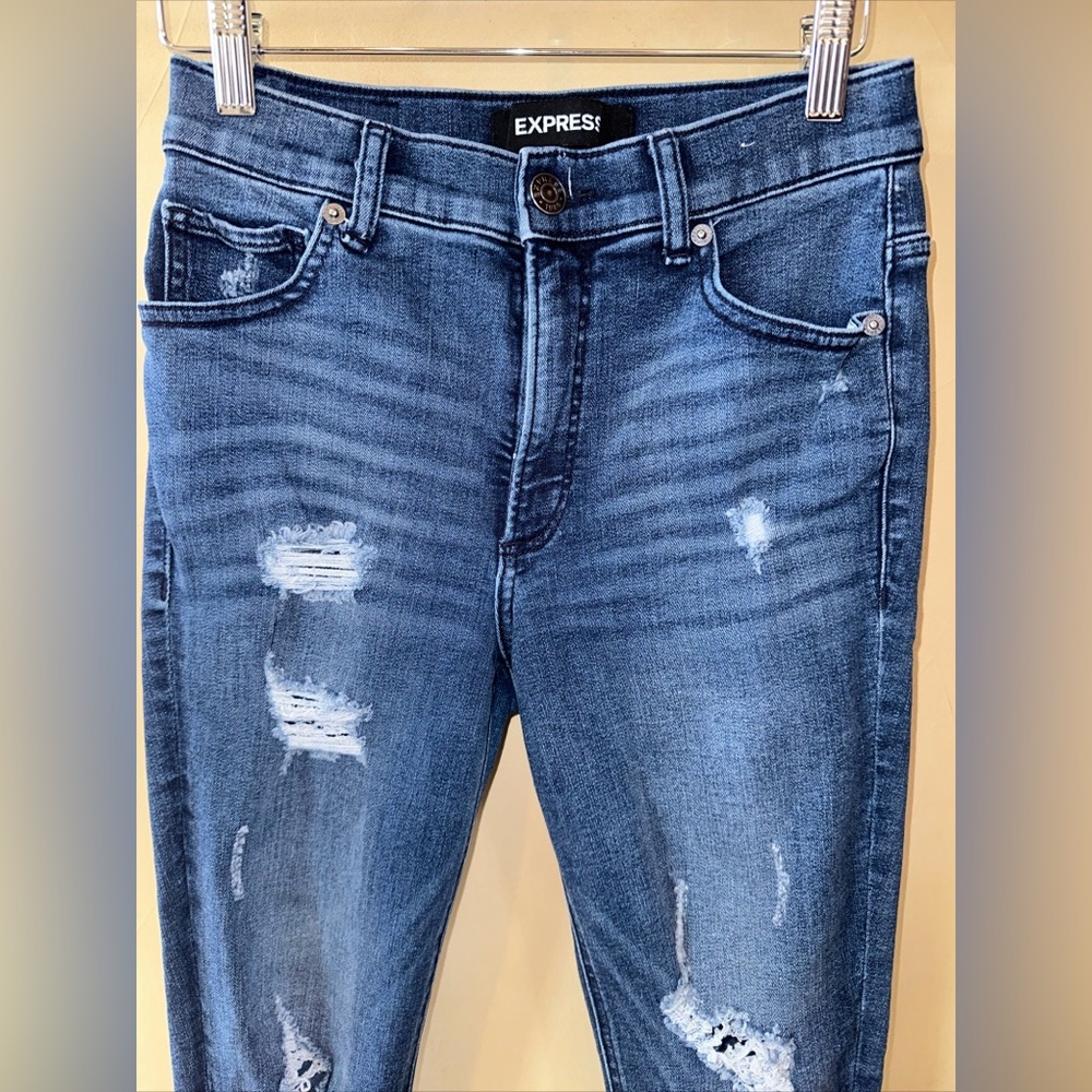 Express Distressed Stretch Ankle High Rise Jeans Women's 4R  Blue Denim Perfect - Picture 2 of 7